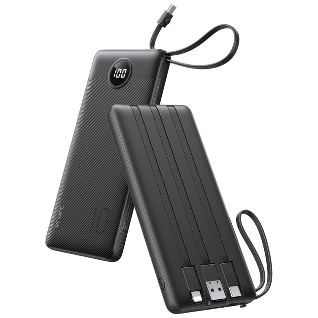 VRURC Portable Charger with Built in Cables, 10000Mah Travel Essentials Power Bank, 5 Output 2 Input LED Display Externa