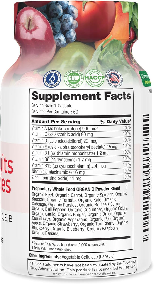 FeelGood Superfoods Vita Fruits and Veggies Capsules - 25 Superfood Ingredients, Fruit and Vegetable Multivitamin, 60 Count - for Men and Women -