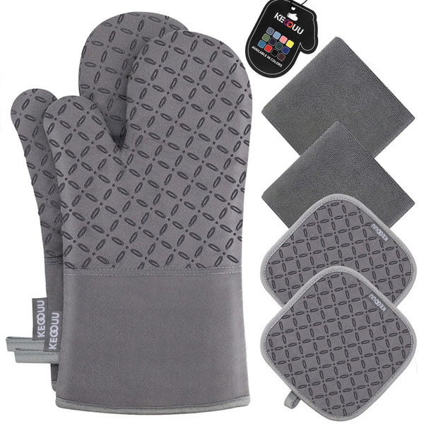 KEGOUU Oven Mitts and Pot Holders 6pcs Set, Kitchen Oven Glove High Heat Resistant 500 Degree Extra Long Oven Mitts and Potholder with Non-Slip