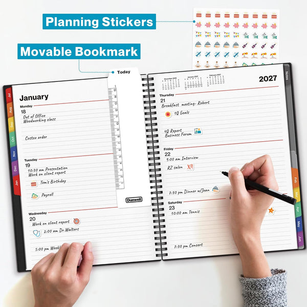 Dunwell Large Planner 2025-2026 Academic Year, 8.5 X 11 Daily Planner July 2025 - June 2026, Black Calendar Book with Colorful Tabs, Bookmark,