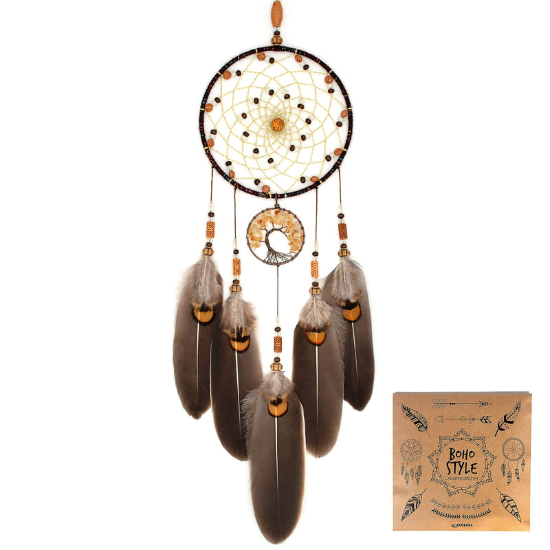 Urdeoms Brown Dream Catchers Tree of Life Boho Dreamcatcher for Bedroom Adult with Feathers and Citrine Crystal Wall Hanging Decor for Home