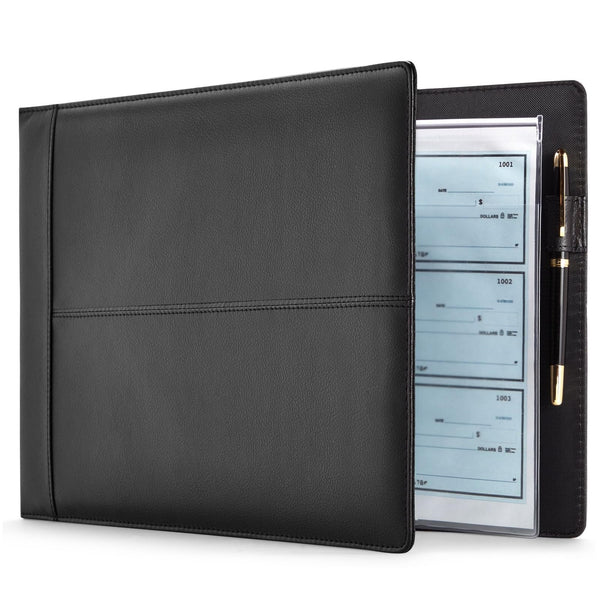 7-Ring Business Check Binder for Checkbooks Organization, Financial Records, Personal and Corporate Use, Black Faux Leather Folder for 600 Checks