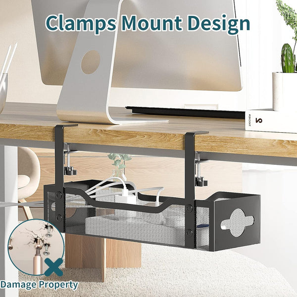 Under Desk Cable Management Tray No Drill, Metal Mesh Cable Management under Desk with Clamp Mount, 2 Hole Cable Tray with Wire Management and