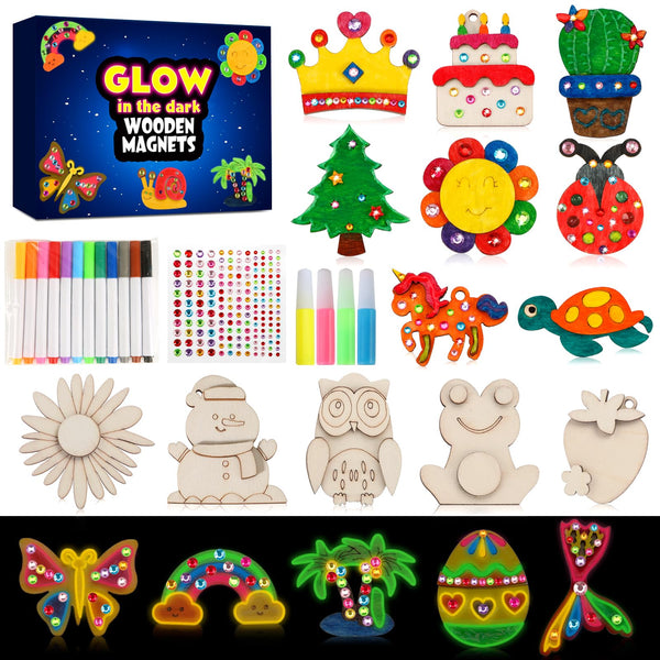 GWAHSA 30Pcs DIY Wooden Magnets, Glow in the Dark Wooden Art Craft Supplies Painting Kit for Kids Activities Party Favors for Boys Girls Ages 4-8