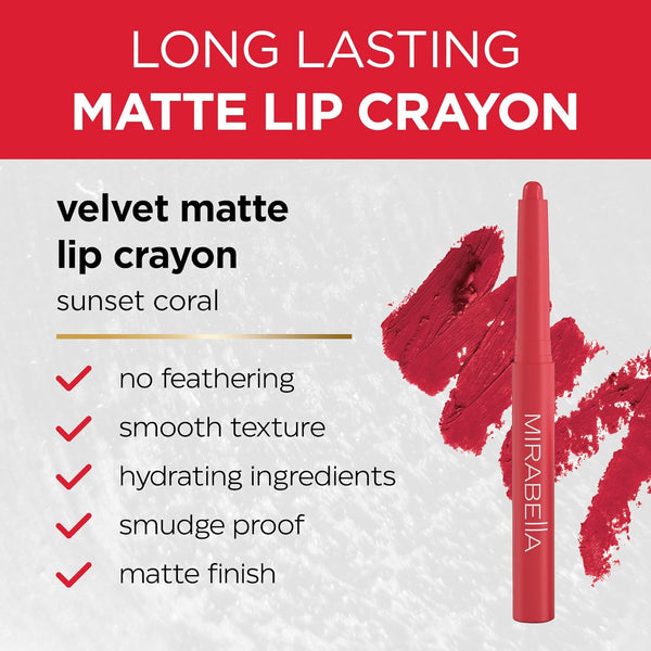 Mirabella Velvet Matte Lip Crayon - Long Lasting Lipstick Crayon & Lip Liner - Retractable, Highly Pigmented Lip Tint & Moisturizing Antioxidant