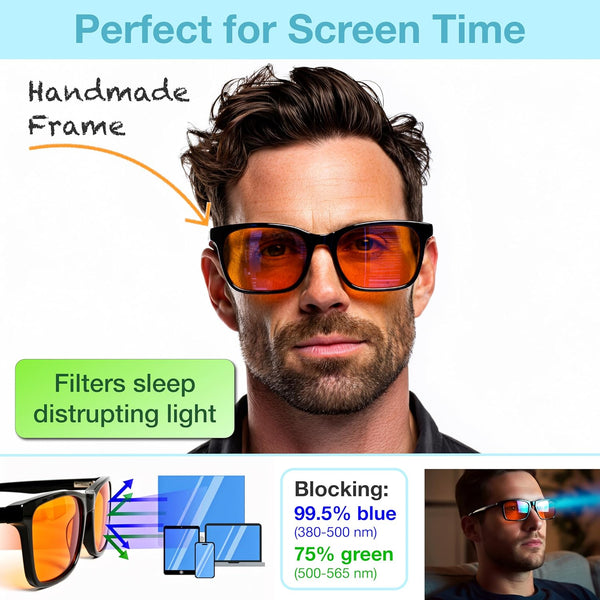 XL Orange Blue Light Blocking Glasses for Better Sleep - 99.5% Premium Acetate Computer Migraine Glasses for Men - Amber Tint Gaming Glasses - TV