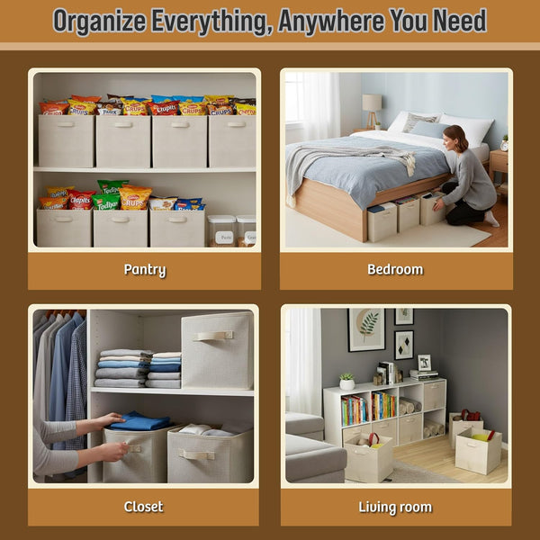 Home-Complete Storage Cubes - 8-Piece Collapsible Storage Bin Set for Shelves - for Organizing the Home, Office, Playroom, and Nursery (Beige)