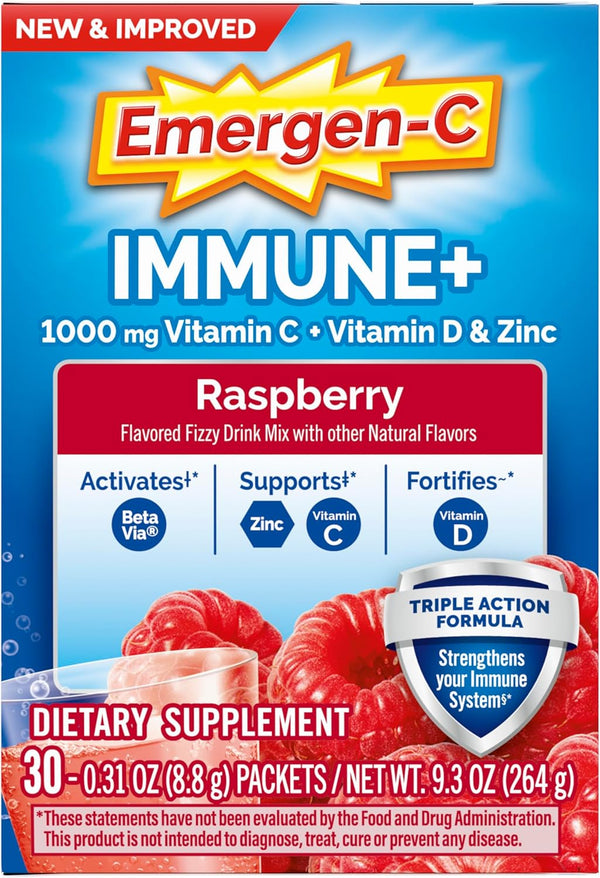 Emergen-C Immune+ Triple Action Immune Support Powder, Betavia (R), 1000Mg Vitamin C, B Vitamins, Vitamin D and Antioxidants, Raspberry â 30 Count