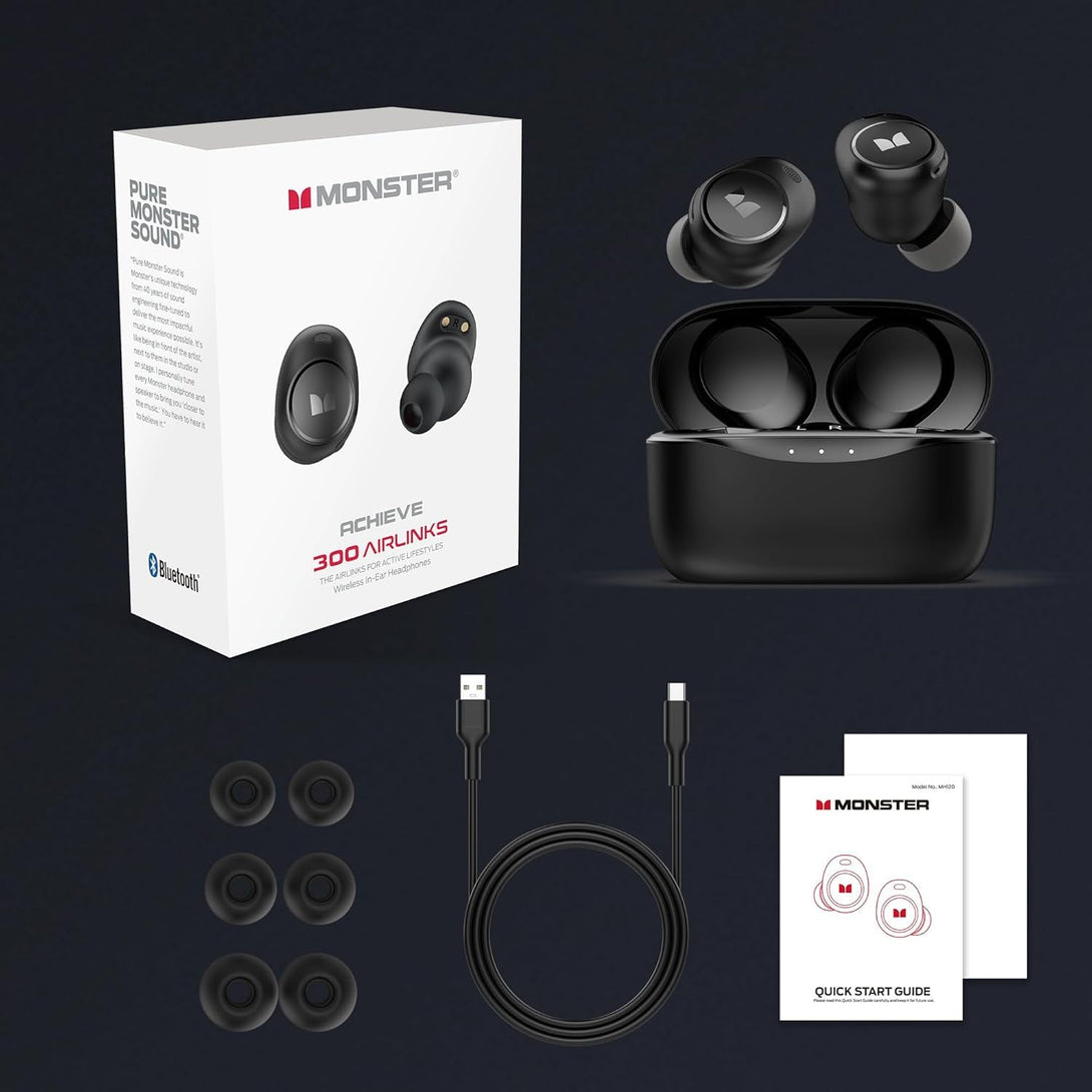 Monster Achieve 300 Airlinks Wireless Earbuds, Bluetooth 5.3 In-Ear Headphones, Touch Control, Built-In Microphone, USB-C Fast Charging, 32H Playtime, Black