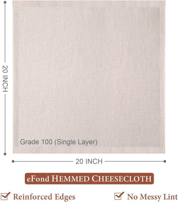 Cheese Cloths, 3PCS Precut 20X20 Inch, Grade 100 Hemmed Cheesecloth for Straining Cooking, Fine Mesh Cloth Strainer Reusable, 100% Unbleached