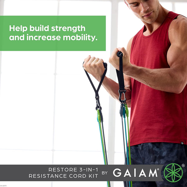 Gaiam 3-In-1 Resistance Band Kit with Comfort-Grip Handles and Interchangeable Strength Bands for High Intensity Training