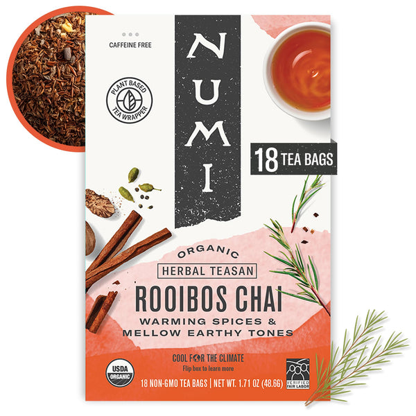Numi Organic Rooibos Chai Tea, 18 Tea Bags, Red Tea with Cinnamon, Allspice & Ginger, Caffeine Free (Packaging May Vary)