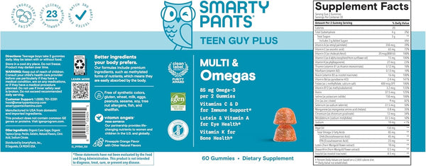 Smartypants Teen Guy Multivitamin Gummies - Improved Formula: Omega 3 (DHA/EPA), Vitamin D3, C, Vitamin B12, B6, A, K & Zinc, Folate, Gluten Free,