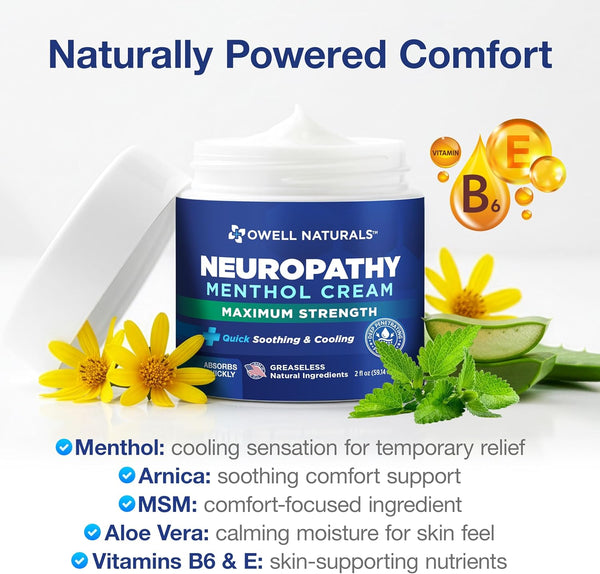OWELL NATURALS Neuropathy Cream Extra Strength Nerve Relief Cream for Foot, Hands, Legs, Toes with Arnica, Vitamin B6, Aloe Vera, MSM - Made in USA