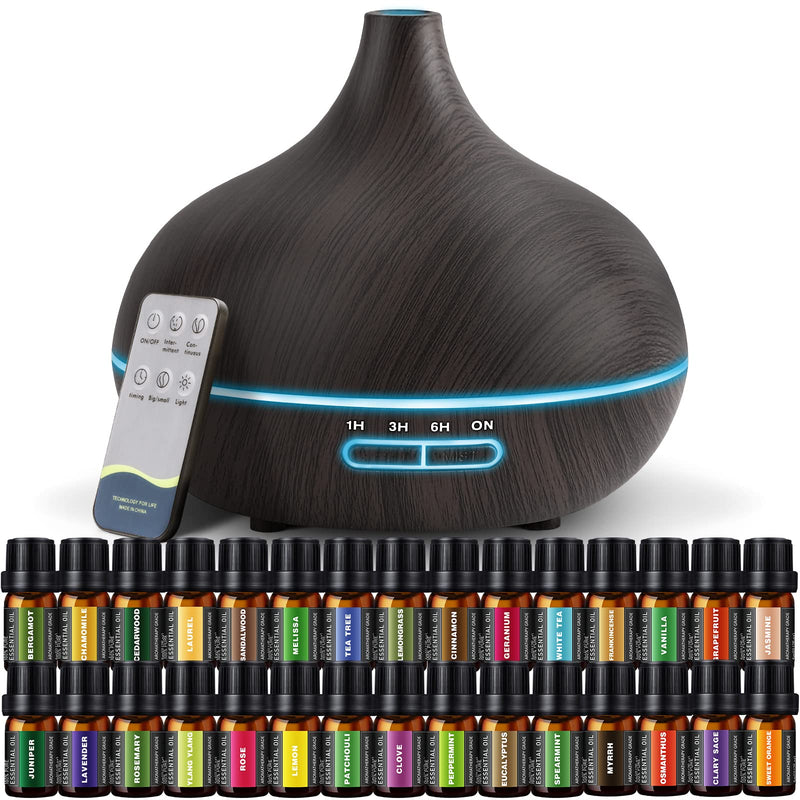 Aroma Diffiser with Essential Oils Set, 550 ML Essential Oil Diffuser with Remote, Ultrasonic Technology Aromatherapy Diffusers Auto Shut-Off for