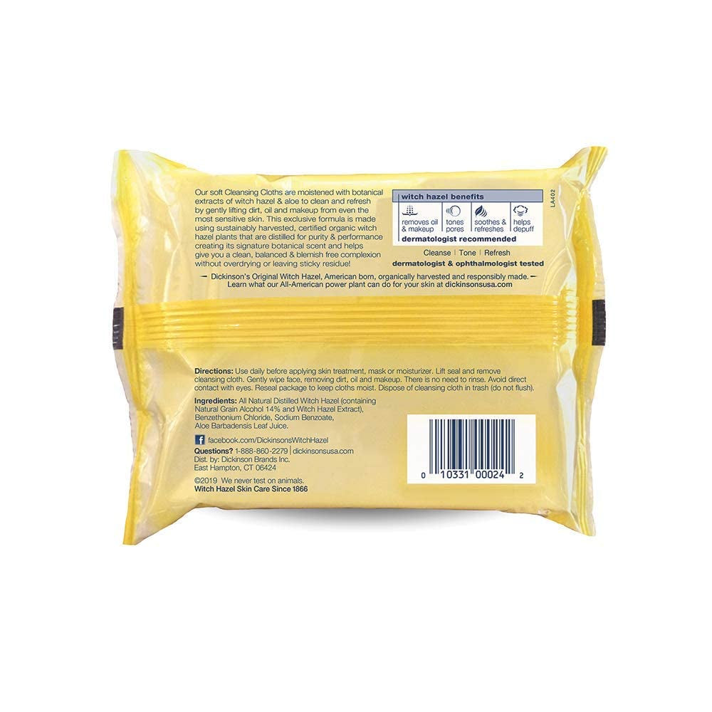 Dickinson'S Original Witch Hazel Refreshingly Clean Cleansing Cloths with Aloe, 4 Pack, 25 Cloths per Pack