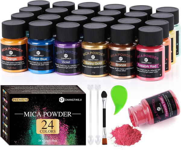 Mica Powder?24 Colors - 10G/Bottle of Natural Pigment Powder for Epoxy Resin?Soap Making?Candle Making,Lip Gloss,Car Freshies,Dye,Nail Polish,Bath
