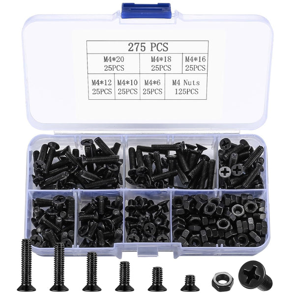 M4 Flat Head Machine Screws and Nuts Kit, 275 Pcs Black Countersunk Head Phillips Screws Bolts Hex Nuts Assortment Kit - M4 X 6Mm/ 10Mm/ 12Mm/