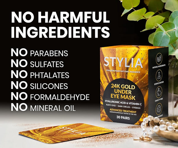 Stylia under Eye Patches for Dark Circles and Puffy Eyes (30 Pairs) - 24K Gold under Eye Mask with Vitamin C, Hyaluronic Acid, Pearl Extract - Eye