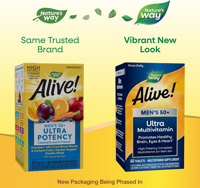Nature's Way Alive! Men’s 50+ Daily Ultra Multivitamin, High Potency Formula, Supports Healthy Brain, Eyes & Heart*, wit