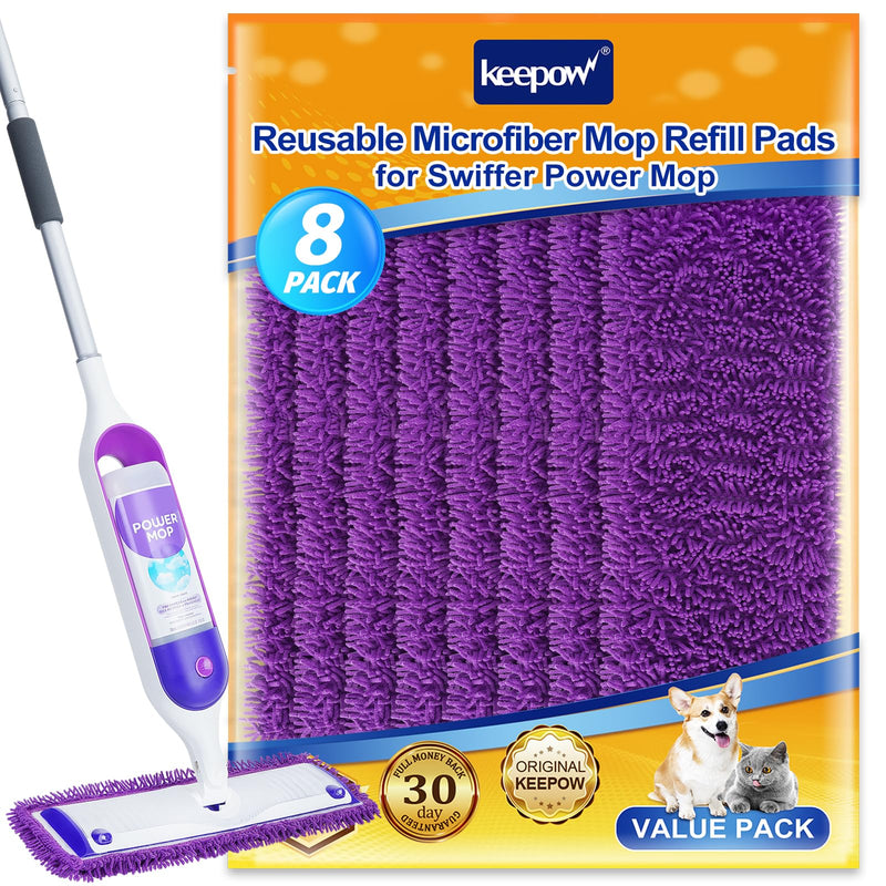KEEPOW 8 Pack Reusable Pads for Swiffer Power Mop, Refill Pads for Swiffer Power Mop Wood Floor Cleaning, Microfiber Mop Pads for Hardwood Floors