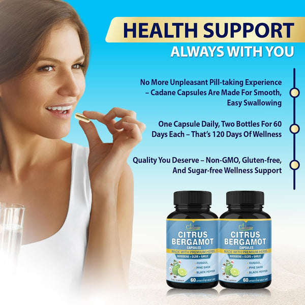 Organic Cadane 2 Packs Citrus Bergamot Extract Capsules with Berberine, Olive, Guggul, Garlic, Pine Bark, Black Pepper | 4 Months Supply