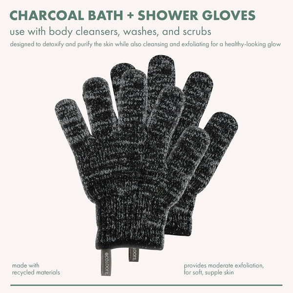 Ecotools Charcoal Bath + Shower Gloves, Exfoliating Gloves Remove Dead Skin & Cleanse Whole Body, Bath Gloves Infused with Charcoal to Scrub &
