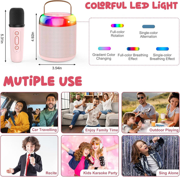 Mini Karaoke Machine for Kids Portable Bluetooth 5.3 Speaker Led Lights with 2 Wireless Microphones Karaoke Gifts for Girls Boys Audlt Birthday