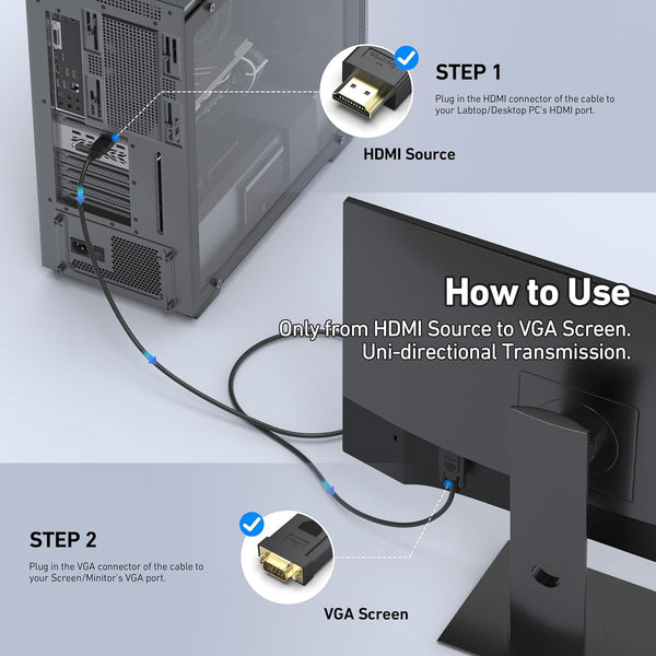 BENFEI HDMI to VGA 6 Feet Cable, Uni-Directional HDMI Computer to VGA Monitor Cable (Male to Male) Compatible for Computer, Desktop, Laptop, PC,