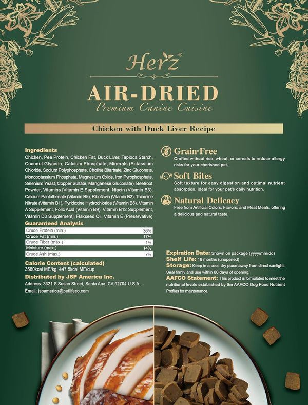 Herz Air-Dried Dog Food Chicken & Duck Liver Recipe 1 Lb, All-Natural, High-Protein, Grain-Free, Limited Ingredients, Complete & Balanced, Premium