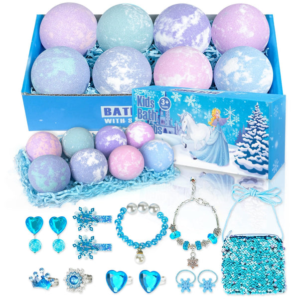 Bath Bombs for Kids with Surprise Inside, 8 Pack Bath Bombs with Frozen Toys, Princess Jewelry & Cross-Body Bag, Natural Fizzy Bubble Bath Balls