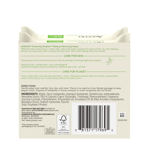 Aveeno Positively Radiant Oil-Free Makeup Removing Face Wipes to Help Even Skin Tone and Texture with Moisture-Rich Soy Extract, Gentle Facial