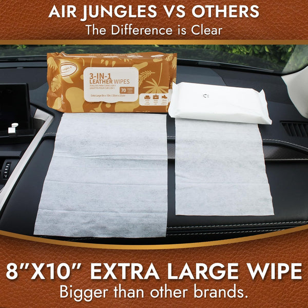 Air Jungles 3In1 Leather Cleaner Wipes 70 Count, Extra Large 8" X 10" Size, Clean Condition Protect Wipes for Vinyl and Leather Apparel Furniture