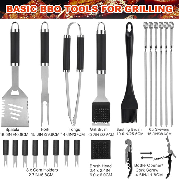 Grilljoy BBQ Accessories Grill Tools Set - 22PCS Stainless Steel Barbecue Grill Accessories for Outdoor Grill with Black Aluminum Case - Grilling