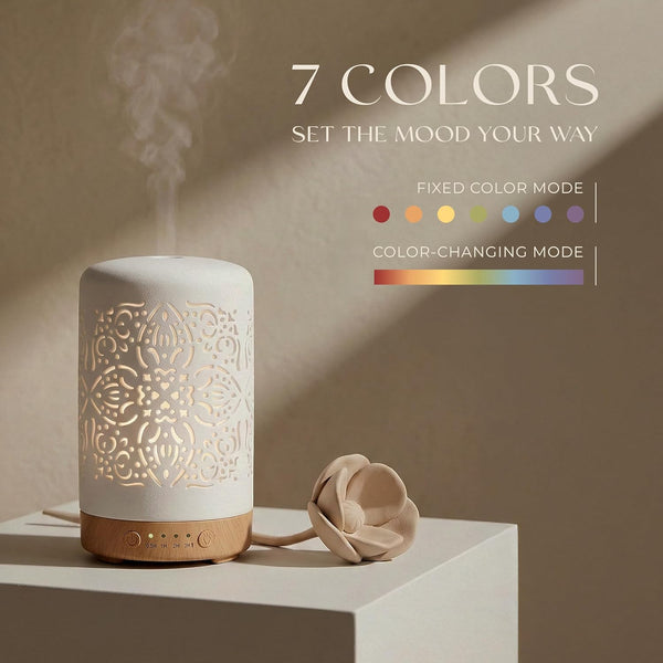 Earnest Living Essential Oil Diffuser White Ceramic Diffuser 100 Ml Timers Night Lights and Auto off Function Home Office Humidifier Aromatherapy
