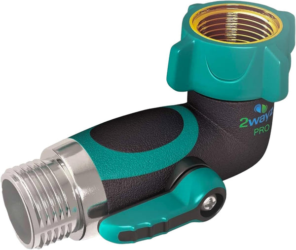 2WAYZ 90 Degree Hose Elbow Angle Connector with Shut off Valve - 2023 Heavy Duty Model, Water Hose Fittings, 90 Degree Hose Elbow with Two Shut Offs, Compatible with Garden Hose and Spigot, Green