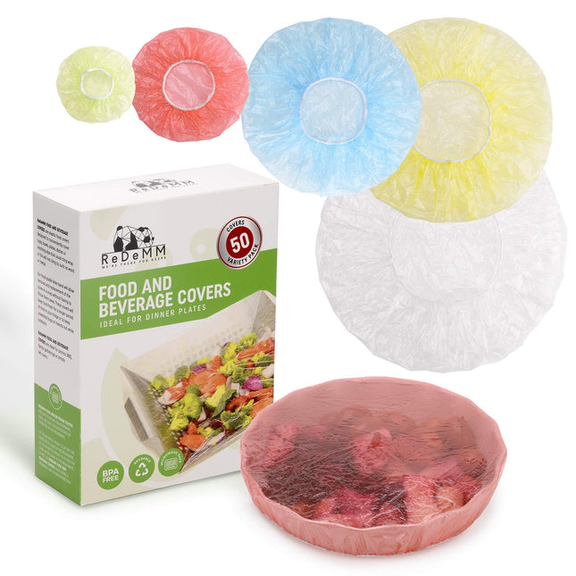 Redemm 50 Reusable Elastic Food Bowl Storage Covers - Variety of 5 Translucent Stretchable Sizes and Colors - Alternativ