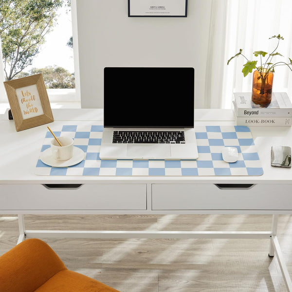 Checkered Desk Mat, 31.5" X 15.7" Large Cute Sky Blue Aesthetic Retro PU Leather Computer Laptop Desk Mat, Non-Slip Waterproof Mouse Keyboard Pad,