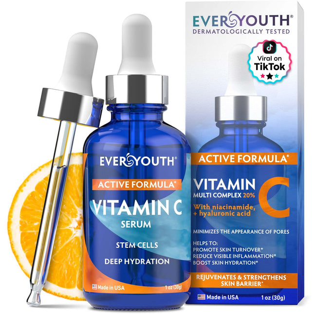 Vitamin C Serum for Face, Stem Cells, Niacinamide, Hyaluronic Acid & Vitamin E – Anti-Aging Retinol Facial Serum with Gl