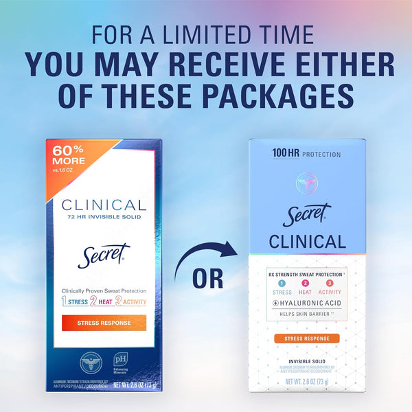 Secret Clinical Strength Antiperspirant Deodorant for Women, Stress Response, 3X Stress Protection, 72Hr Sweat & Odor Protection, PH Balancing
