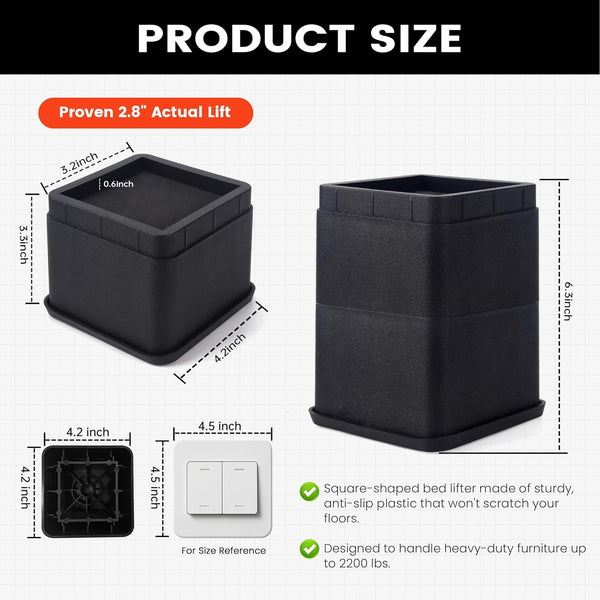 Btsd-Home Adjustable Bed Risers 3 or 6 Inch Heavy Duty Stackable Furniture Risers for College Dorm Bed Sofa Table Couch Chair Bed Raisers Blocks 4