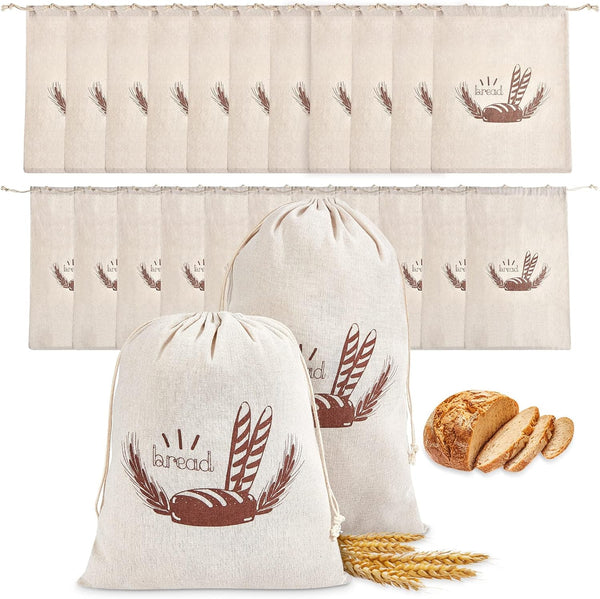 Dunzy 20 Pcs Linen Bread Bag Reusable Container Drawstring Bread Bags Storage Unbleached for Food Baking Kitchen Sandwich Bakery Picnic Wedding