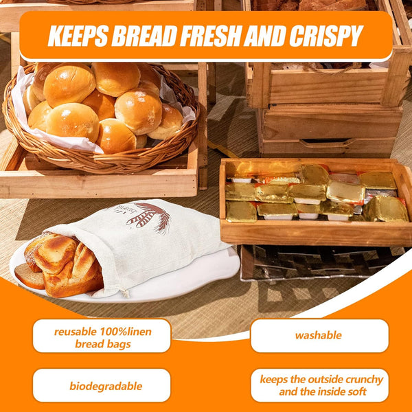 Dunzy 20 Pcs Linen Bread Bag Reusable Container Drawstring Bread Bags Storage Unbleached for Food Baking Kitchen Sandwich Bakery Picnic Wedding