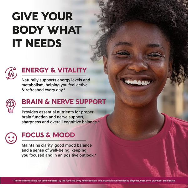 Vitamin B Complex for Men & Women - Made in USA - B-Complex: B1, B2, B3, B5, B6, B7, B8, B9, B12 with Vitamin C, Choline, Inositol - Energy, Brain