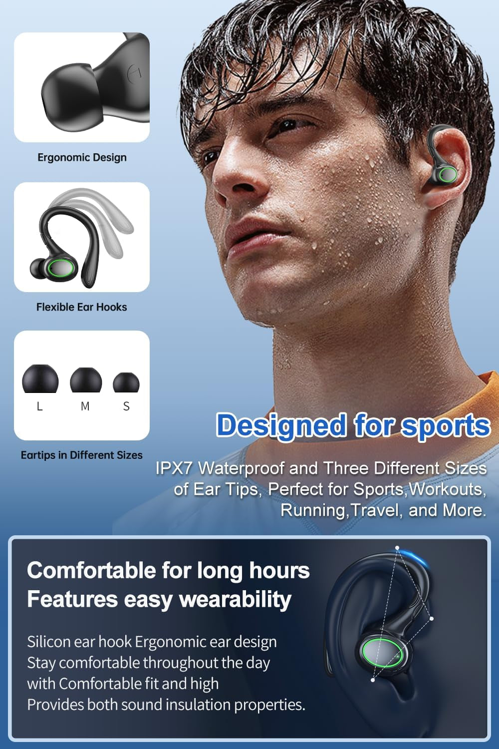 Wireless Earbuds, 60H Playback Bluetooth 5.3 Headphones,Noise Cancelling Wireless Headphones with LED Battery Display, Mics Clear Call, IPX7 Waterproof Bluetooth Earbuds for Workout Sports (BLACK)