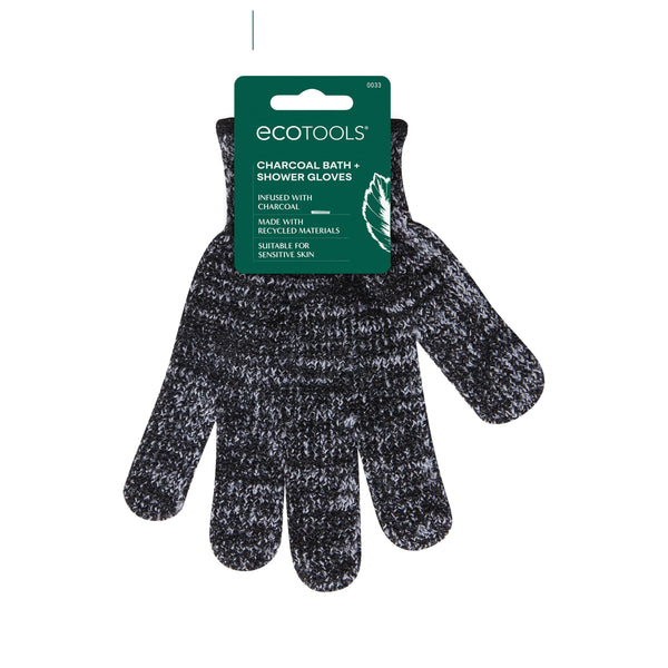 Ecotools Charcoal Bath + Shower Gloves, Exfoliating Gloves Remove Dead Skin & Cleanse Whole Body, Bath Gloves Infused with Charcoal to Scrub &