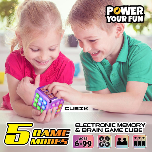 Power Your Fun Cubik LED Flashing Cube Memory Game - Electronic Handheld Game, 5 Brain Memory Games for Kids STEM Sensory Toys Brain Play Puzzle