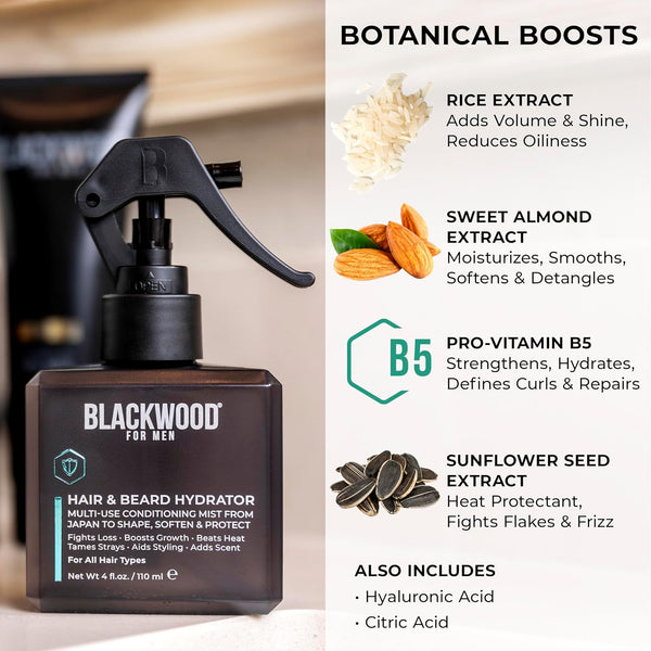 Blackwood for Men Hair & Beard Hydrator Spray - Natural Leave-In Conditioner - Moisturizes, Texturizes, Shapes & Detangles - Ideal for Beard