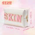 Y1Tvei 2Pcs Preppy Patch SKIN BATH Varsity Letter Cosmetic Toiletry Bag Pink Letter Makeup Bag Zipper Pouch Storage Portable Purse Waterproof