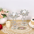 Ownmy Set of 2 Crystal Lotus Flower Candlestick Holders Metal Glass Lotus Pillar Candle Holders, Silver Crystal Lotus Votive Candlesticks Tealight